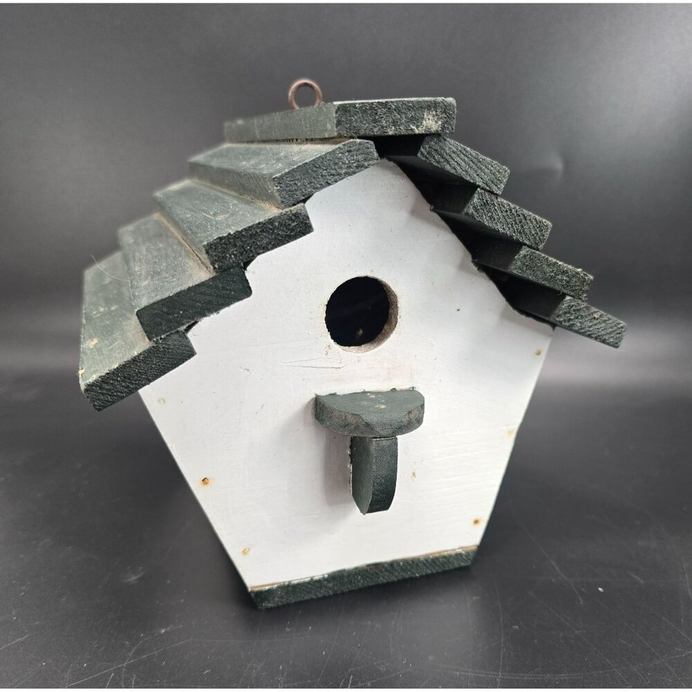 Vintage Rustic Green & White Wooden Birdhouse With Slanted Roof Folk Art CM2035